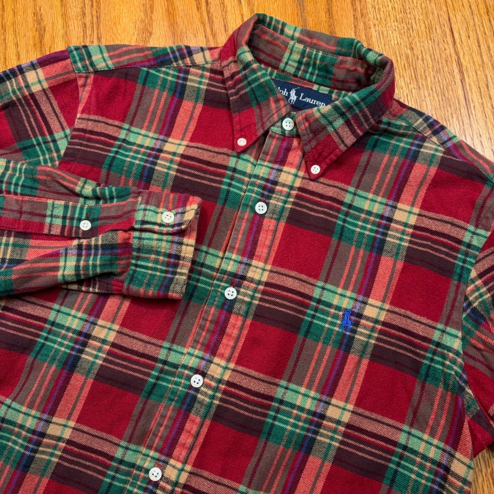 Polo Ralph Lauren Flannel Shirt Mens M Red Plaid Custom Fit Cotton Button Down